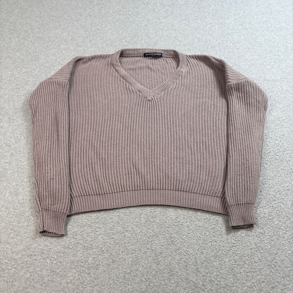 Brandy Melville Sweater Womens One Size Mauve V Neck Ribbed Knit Cropped Italy